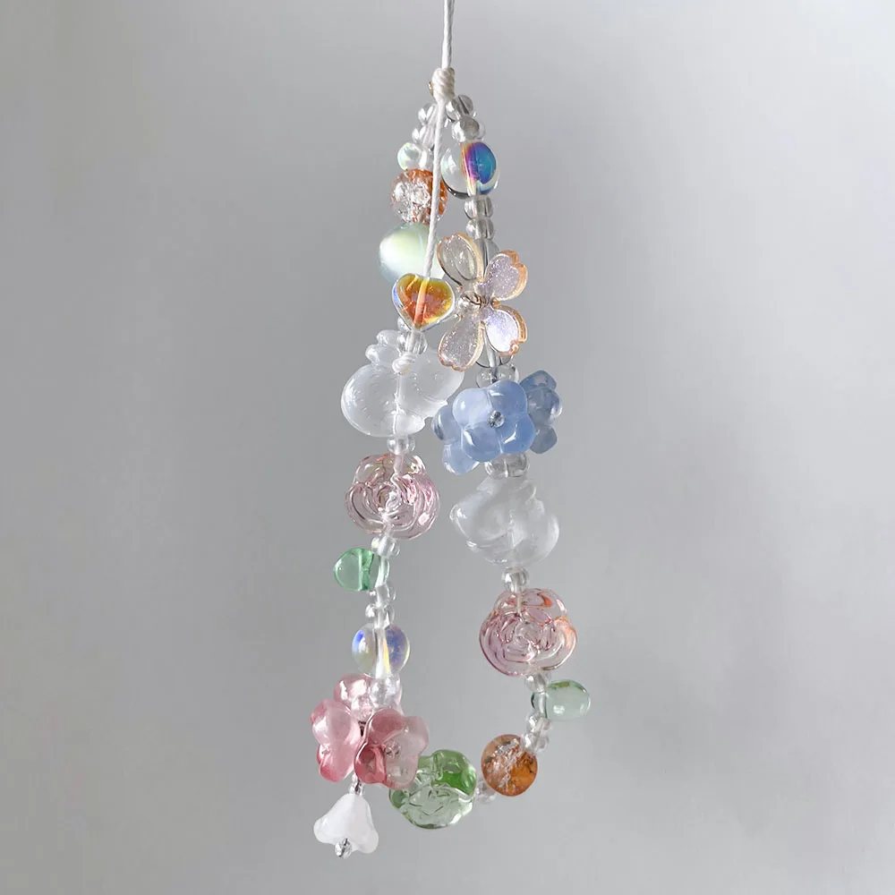 Cute Easter Bunny Phone Strap Charm Pink Orange Green Blue Flower Rabbit Beads Lanyard Fairycore Camera Decor Jewelry Girl Gift