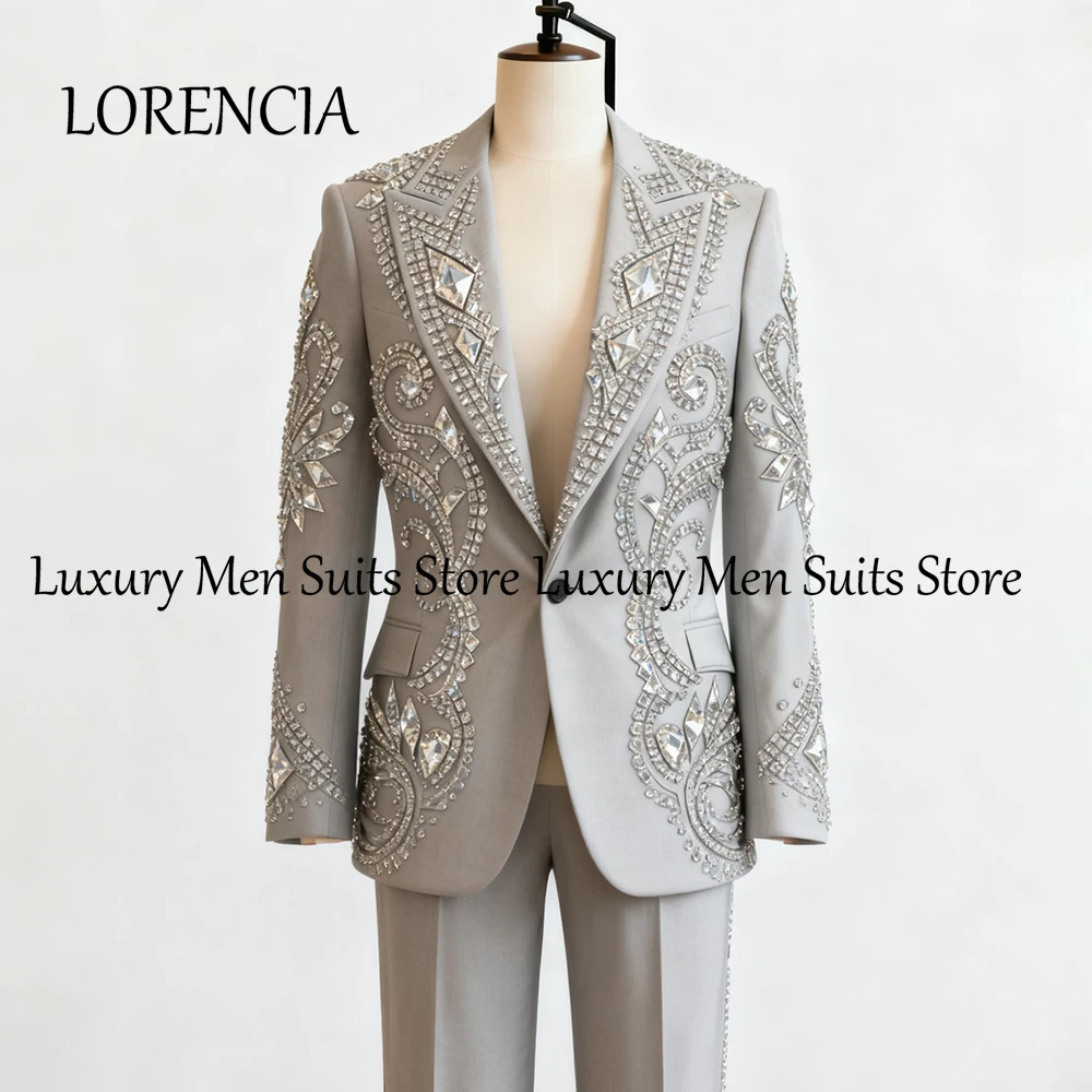 

Glitter Rhinestone Suits for Men 2 Pcs Peaked Label Tuxedos Set Evening Party Outfit Customized Blazer Pants costume homme luxe