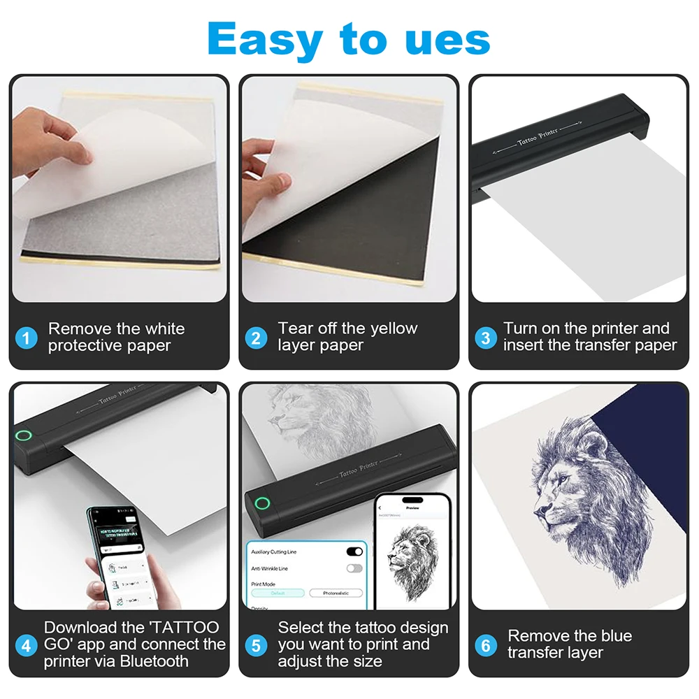 طابعة الوشم اللاسلكية مع 10 قطع من ورق النقل المحمول بلوتوث استنسل الوشم آلة النقل الحراري لفنان الوشم #4