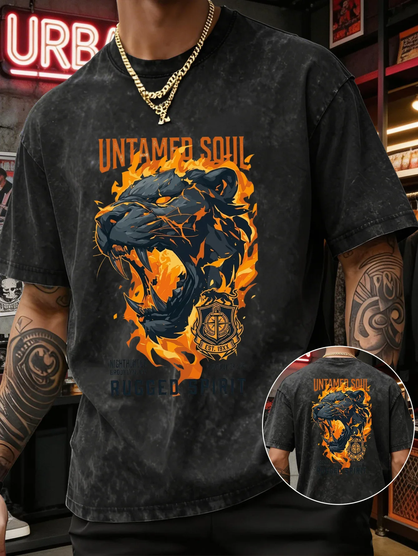 Men's Heavyweight Washed T-shirt Flaming Leopard Print Vintage Acid Wash Streetwear High Street Cotton Fitness Sleeve S-3XL