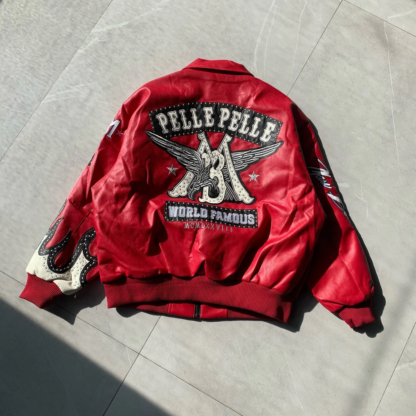 الأمريكية Y2K الشارع نمط الرجعية رسالة مطرزة سترة جلدية الرجال الأحمر المطرزة النسر لهب دراجة نارية سترة برشام معاطف