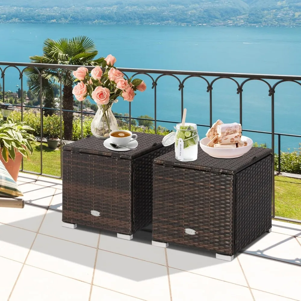 Ottomani da 2 pezzi, tavolino laterale in Rattan intrecciato a mano Patiojoy cuscino rimovibile e spazio di archiviazione nascosto, scatola portaoggetti multifunzionale