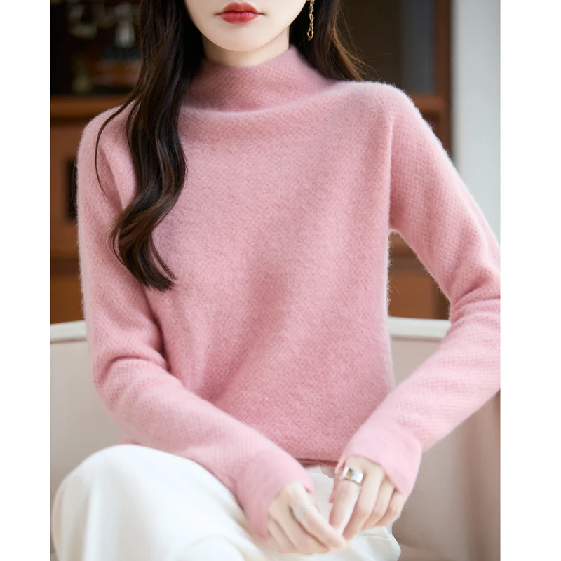 Women 100% Merino Wool Sweater One Line Seamless Mock-Neck Pullover Autumn Winter Honeycomb Jacquard Knitwear Raglan Sleeve Tops
