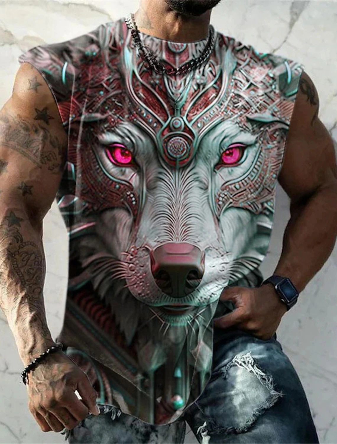 Men's Sleeveless Shirt Patterned Printed Wolf Quick Drying Breathable Vest Men's Gym Plus Size Basketball Sports Beach Tops - Image 4
