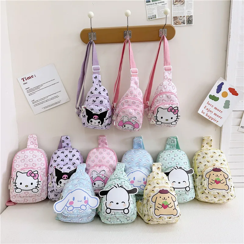 Sanrio crianças saco de peito olá kitty kuromi cinnamoroll dos desenhos animados impresso sacos do mensageiro ao ar livre bolsa de ombro pequeno pacote peito