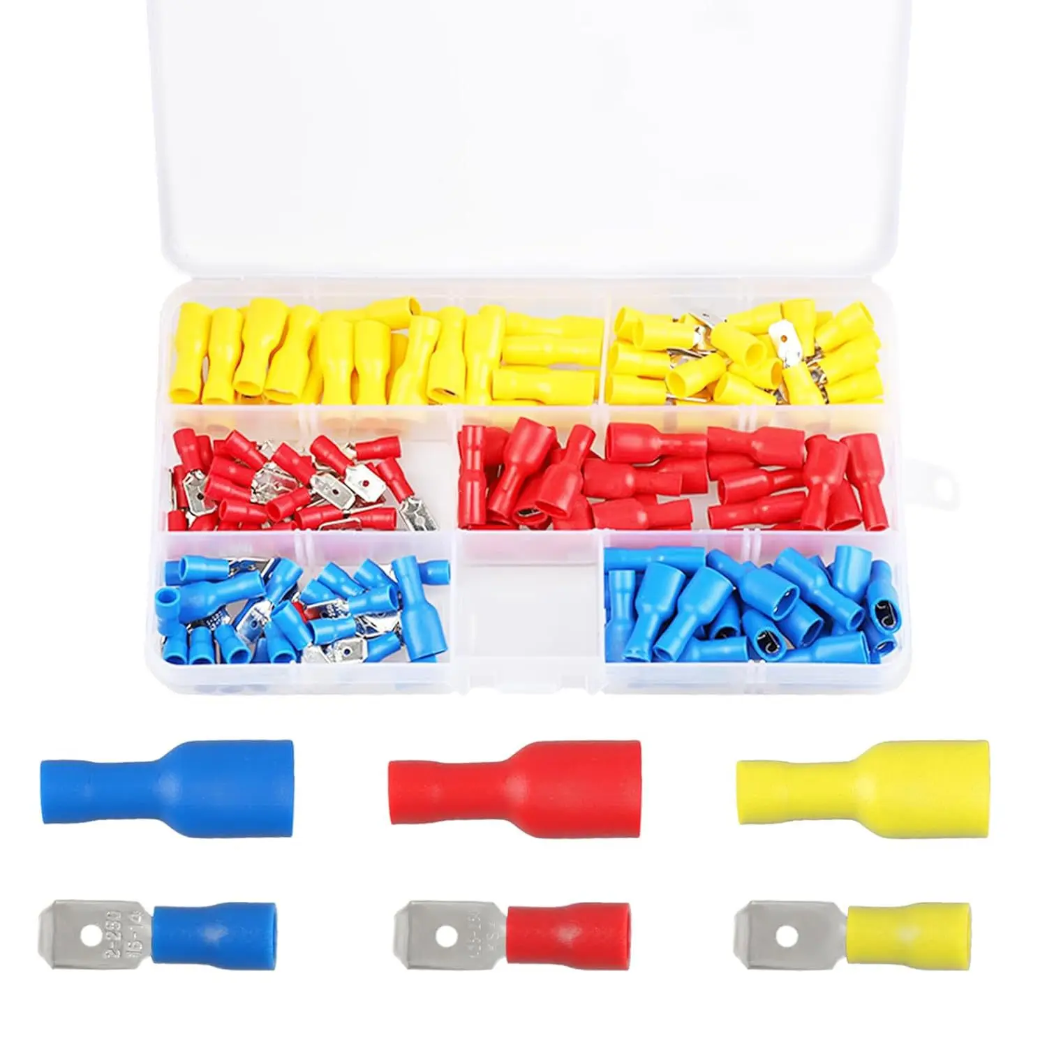 150Pcs Boxed PVC Insulated Male Female Spade Terminal Kit Tinned Brass Crimp Wire Connector Red Blue Yellow