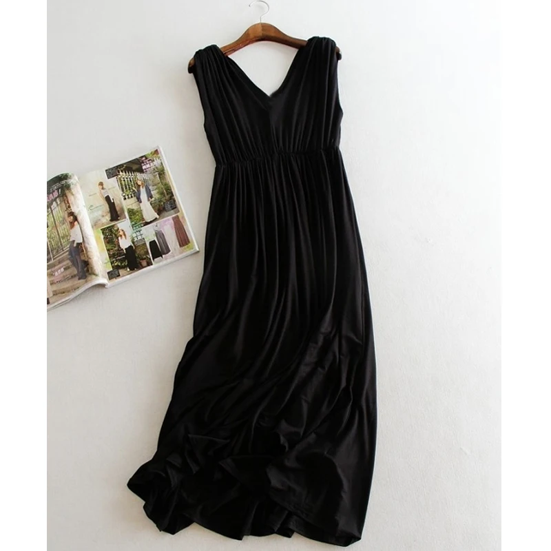 T-Shirt modale senza maniche con scollo a V Sexy da donna abito estivo a pieghe a vita alta eleganti abiti da festa abiti da spiaggia