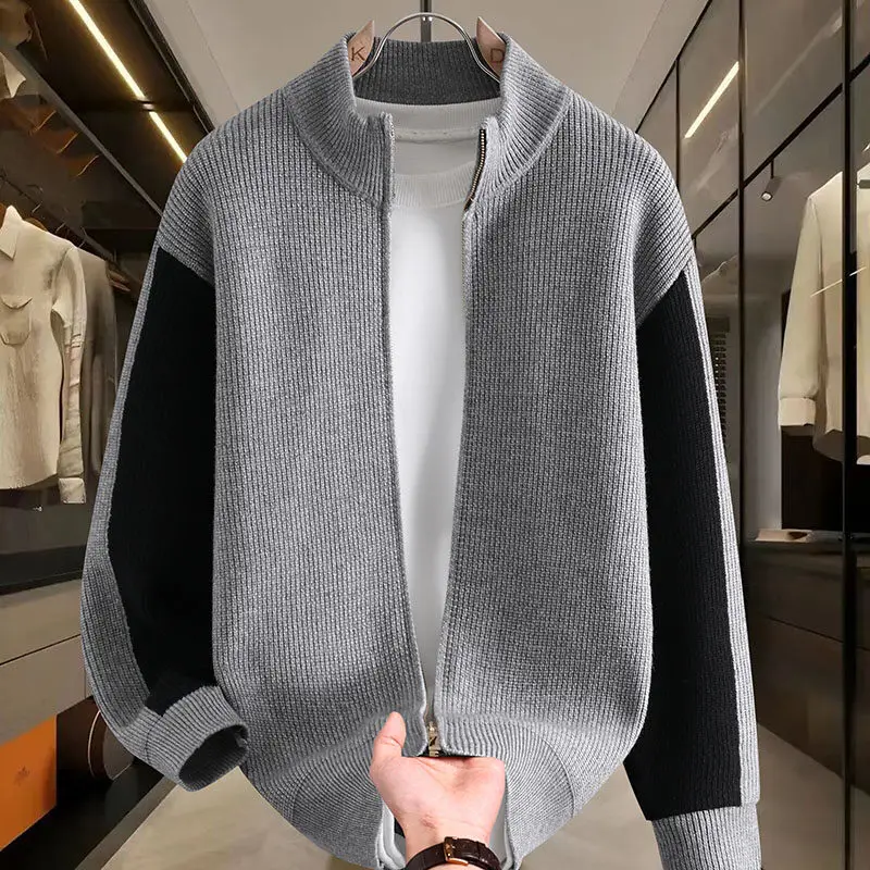 

Spring Autumn Stand Up Collar Knitted Cardigan Men's Koream Color Blocking Splicing Knit Coats Trend Knitwear Tops Men Clothing