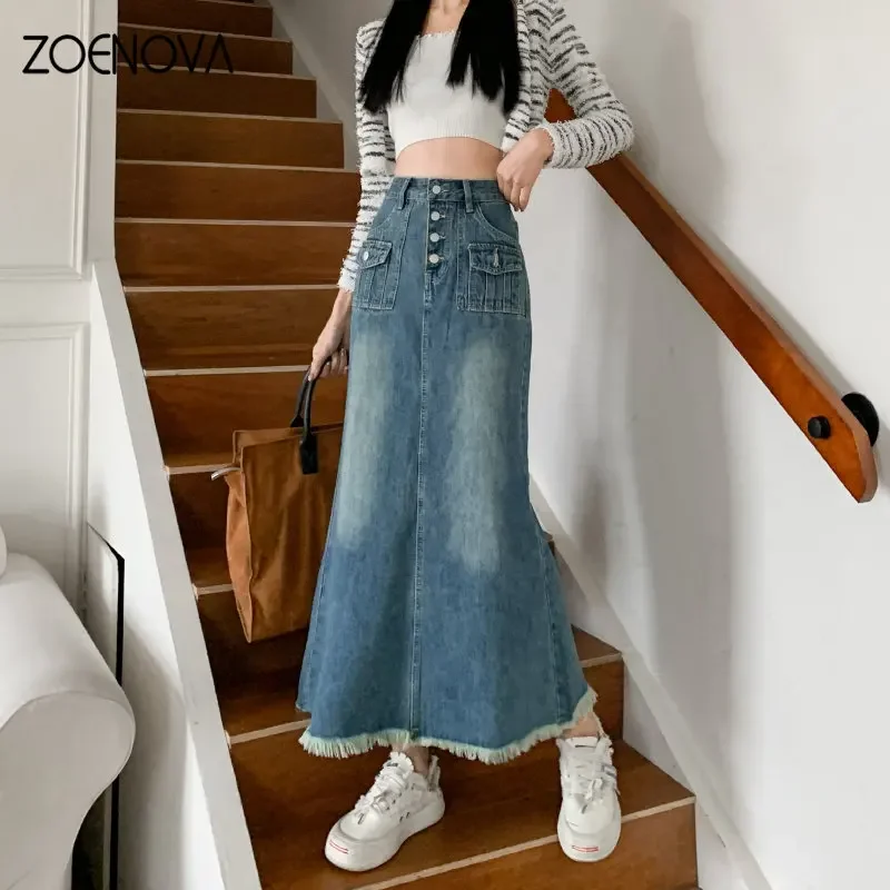 

ZOENOVA Elegant Denim Skirt for Women Small High Waist Street Style Featured Pocket Buckle Ragged Edge Design A-line Denim Skirt