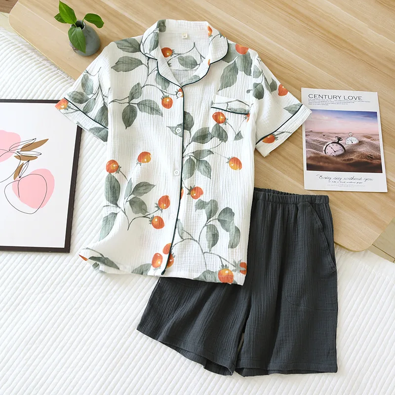 Summer New 100% Cotton Crepe Ladies Pajamas Short-sleeved Shorts Two-piece Simple Fresh And Cute Homewear Pajama Set Women