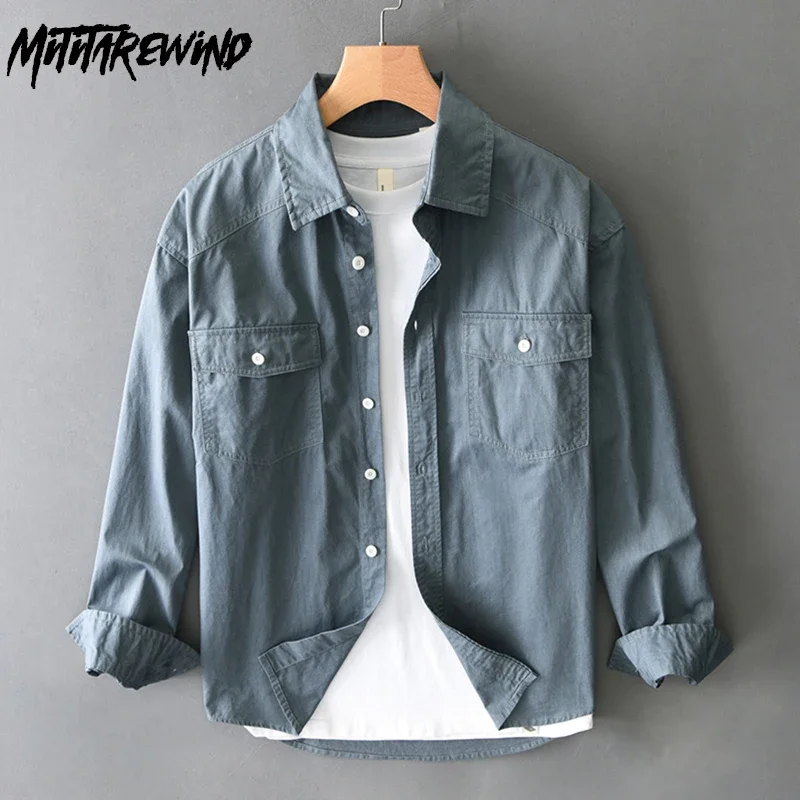 

Japanese Retro Cargo Shirt Men Spring New Pure Cotton Long Sleeve Mens Shirts Double Pocket Loose Shirts Youth Casual Clothing