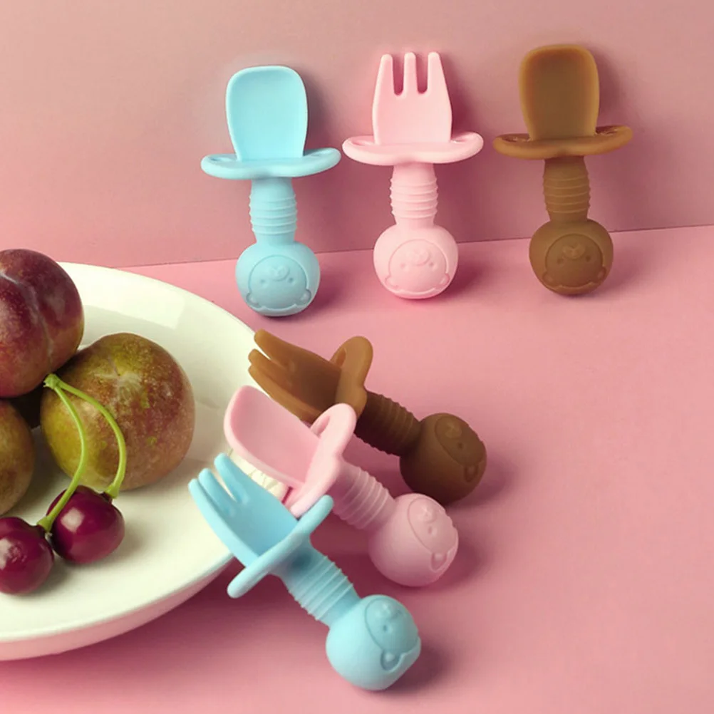 2 قطعة ملعقة تغذية الطفل شوكة مجموعة سيليكون السلس سهلة التنظيف مقاومة درجات الحرارة العالية صديقة للبيئة رأس مستدير للأطفال الرضع