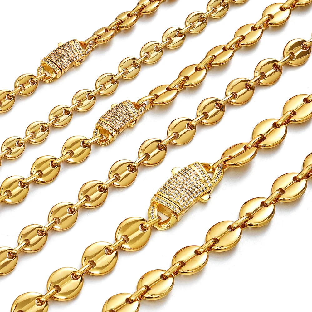 Men's 7/9/11mm Stanless Steel Coffee Beads Chain Necklace with Bling CZ Lock 16inch-40inch