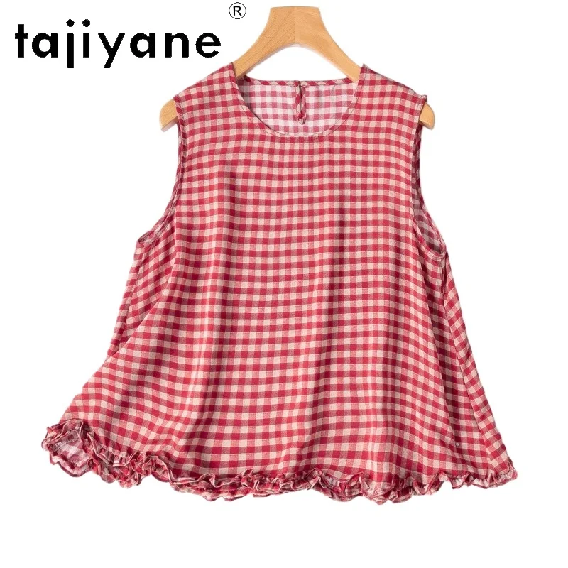 TAJIYANE 100% Mulberry Silk Women's Tanks Red White Check A-Line Vest Ruffled Hem Loose Summer Tops for Woman Clothing 2026 ropa