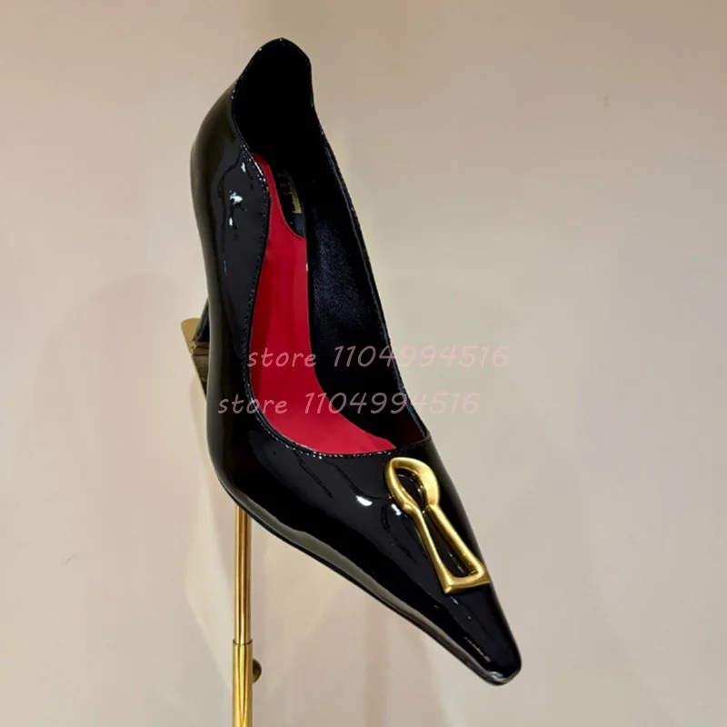 Gold Decor Pointed Thin High Heel Women's Black Shallow Slip On Cover Heel Pumps 2025 Luxury Fashion Party Ladies Single Shoes
