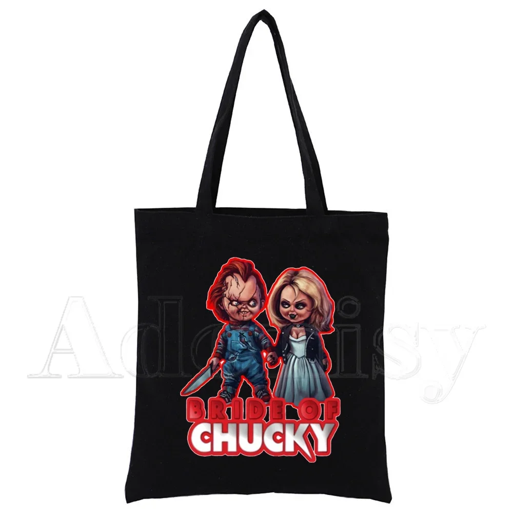 Chucky Damen-Handtaschen, Canvas-Tragetasche, Einkaufstaschen, wiederverwendbare Einkaufstasche, umweltfreundlich, faltbar, Schwarz