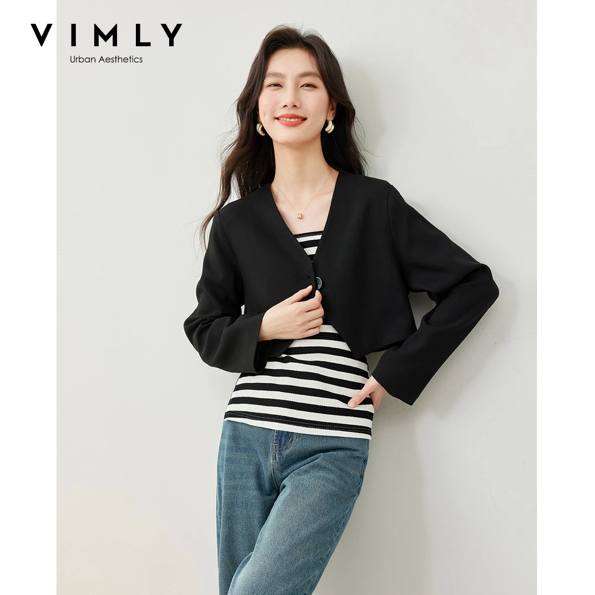 VIMLY Women's Fall New Two-Piece Set Short Blazer Split Striped Knit Tank Top 2026 Fashion Elegant Outfit Female Clothing M5077