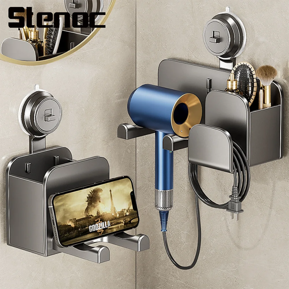 

Stenoc No Punching Grey Suction Cup Hair Dryer Holder Wall Shelf Wall Mounted Hair Dryer Storage Rack Hair Dryer Storage Rack