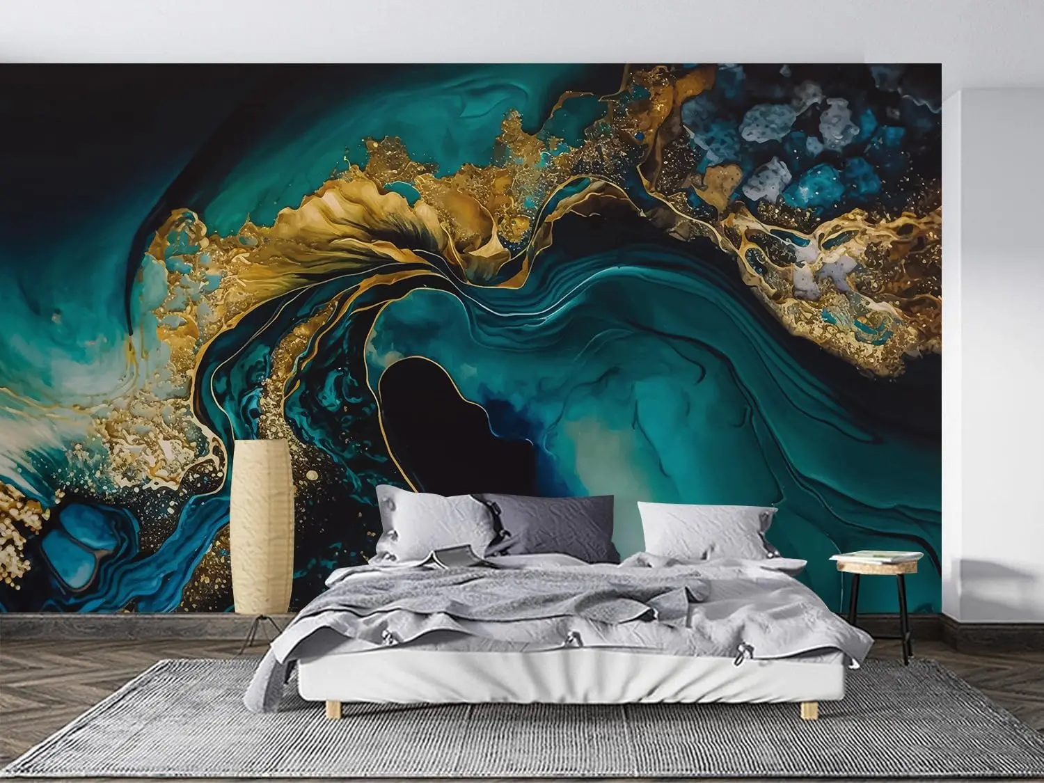 Abstract Gold Teal Fluid Liquid Marble Tapestry Wall Mural Boho Decor Luxury Ocean Wave Art for Living Room Home Accent