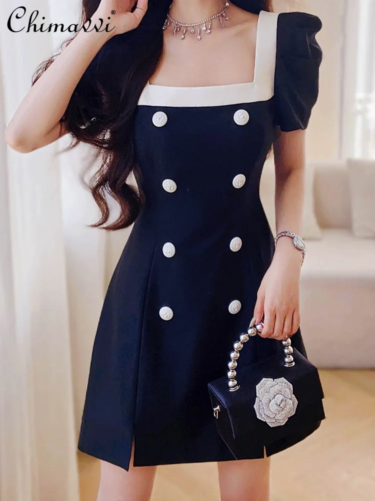

French Hepburn Style Elegant Square Collar Puff Sleeve Double Breasted High Waist Slim Fit A-Line Short Office Lady Dress Women