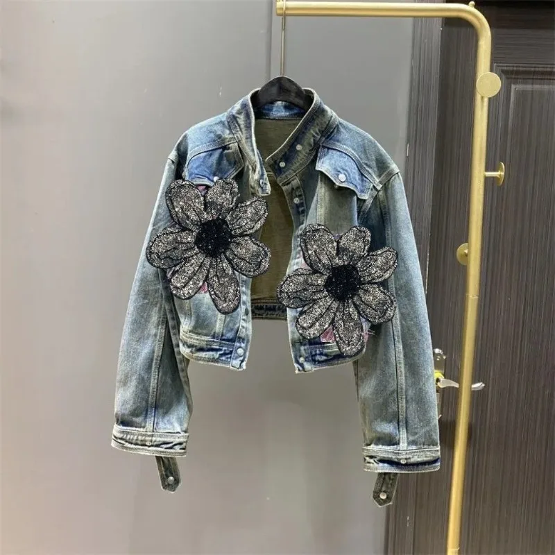 Blouse Jacket Women's Spring/Autumn Vintage Cropped Denim Relaxed Fit Stand Collar Rhinestones New Fashionable Niche Versatile