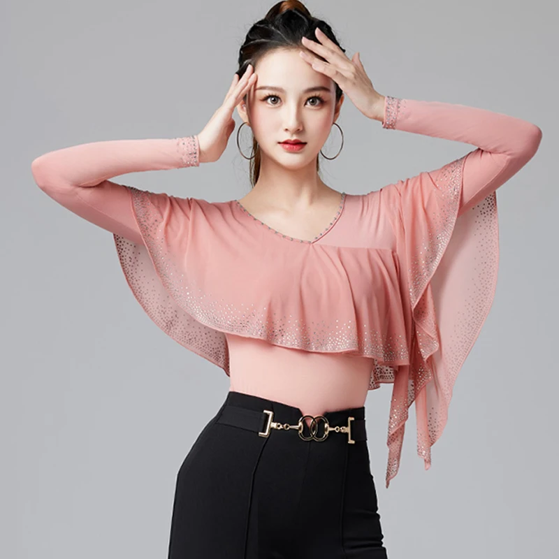 

Tango Dance Costume 3 Colors Ruffle Ballroom Dance Tops Long Sleeve Performance Wear Women Prom Waltz Dancing Clothes DL11047