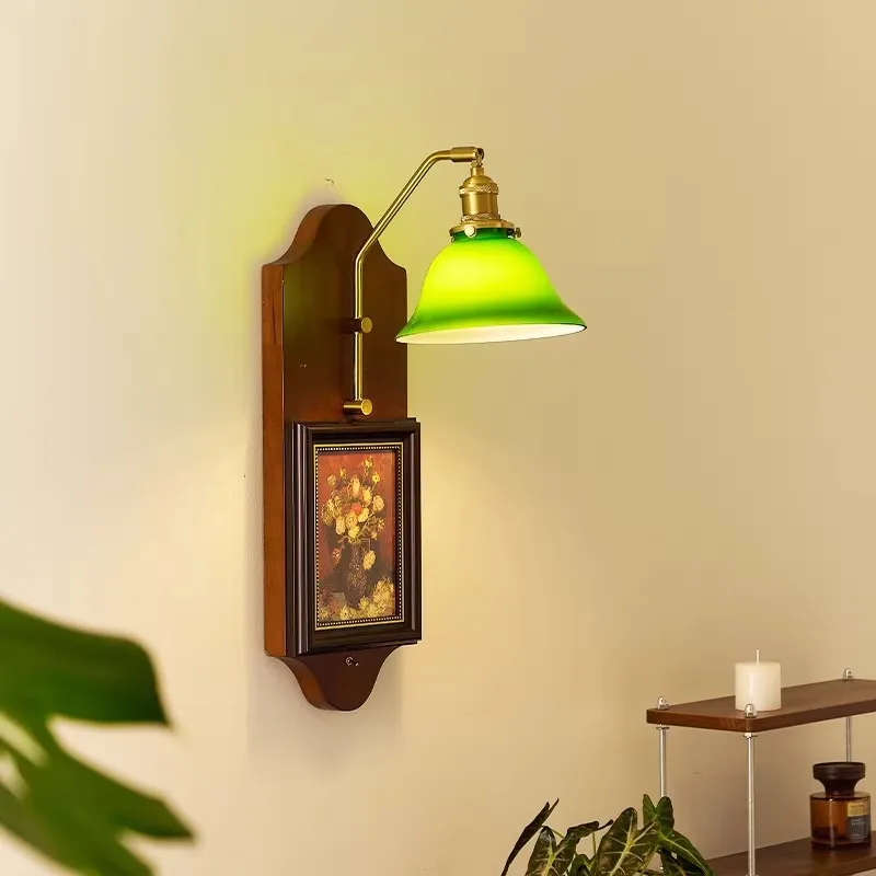 Bedroom bedside wall lamp with switch retro green solid wood decorative painting living room background wall porch light