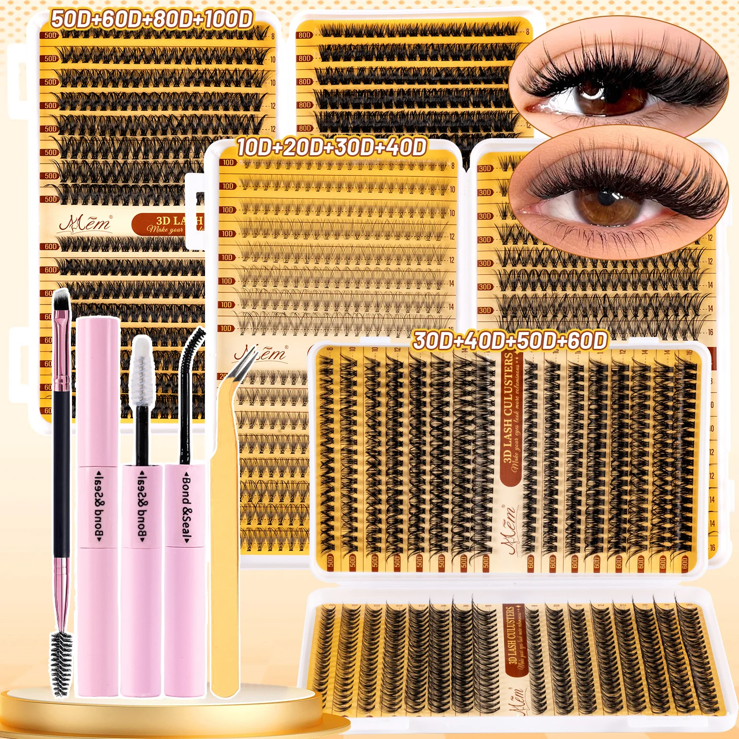 640/592 D-Curl Wimpern-Set, Anfängerfreundlich, mit Kleber/Pinzette/Bürste, Flauschige 3D-Wimpern, Wiederverwendbar, für Alltag/Party/Braut