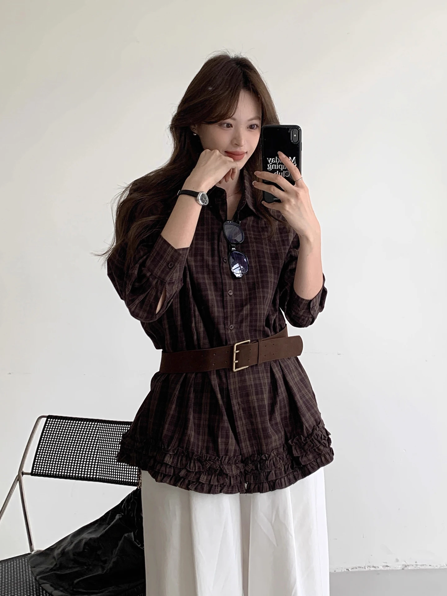 

Retro Chic Plaid Long Sve irt Stand Collar Single Button Splicing Wooden Decoration Korean Sle Loose Fit Women's ...