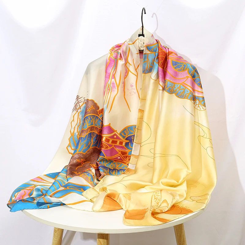 New Arrival Chinese Style Printed  Satin Silk Shawl Women Brocade Satin Scarf Big Size Long Shawls Travel Sun Protection Cape