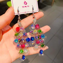 Shiny exaggerated colorful tassel women's earrings, fashionable and versatile, personalized drop earrings, luxury jewelry gifts