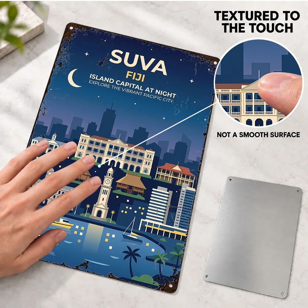 Suva Fiji Capital At Night Aluminum Poster Personalized Metal Sign Retro Graphic Wall Art For Hallway, Architecture Lover Gift
