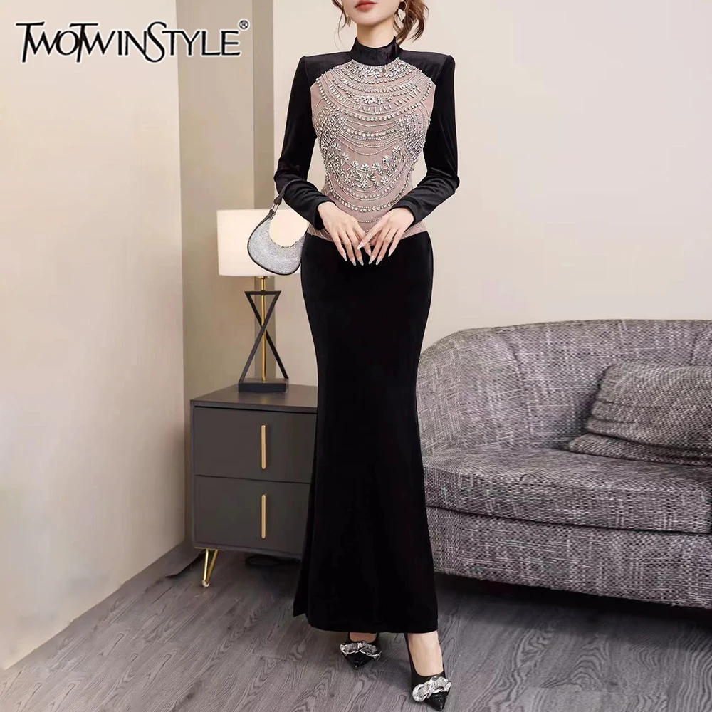 

TWOTWINSTYLE Patchwork Diamonds Temperament Dress For Women Stand Collar Long Sleeve High Waist Formal Dresses Female Fashion