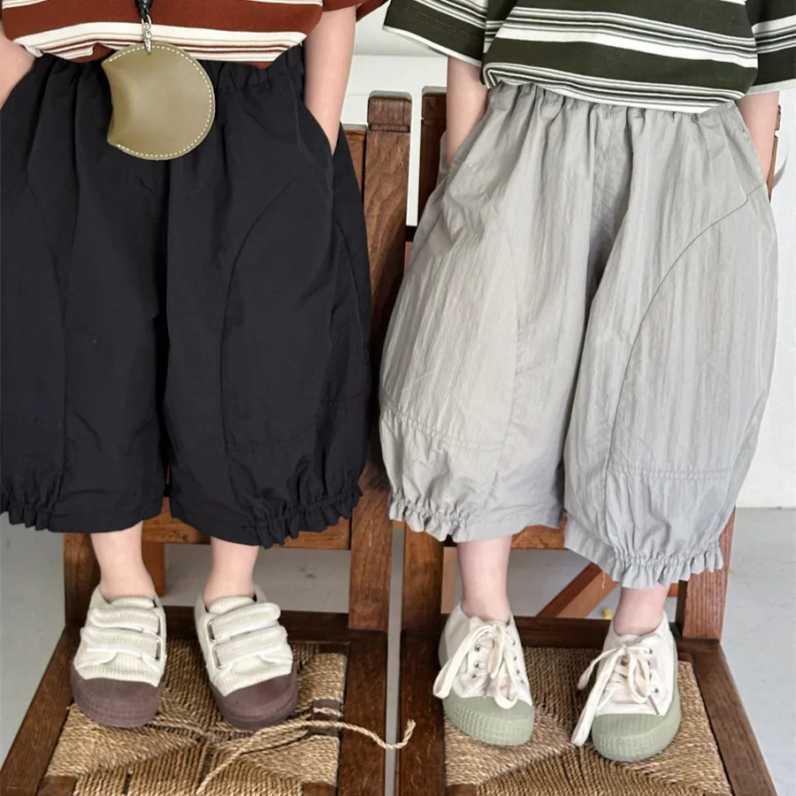 

6168 Children Pants 2025 Summer New Solid Color Cropped Pants for Boys and Girls Baby Loose Wide-leg Pants