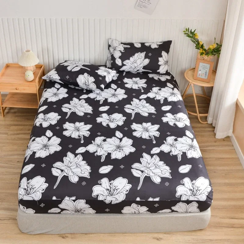 

3PCS Twin Fitted Bed Sheet with Elastic Blue Flower Printed BedCover Single/Queen/King Bed Linen Reactive Printed Mattress Cover