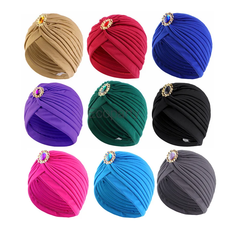 Women Luxury Divas Stretchable Turban Head Wrap Hat Muslim Fashion Elastic Alloy Drill Twist Knot Hat Indian Noble Headband