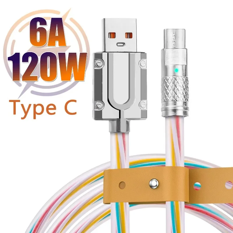 120W 6A Type C Alloy Cable Clear Liquid Slicone Data Line Fast Charging for Xiaomi Samsung OPPO Phone Charger USB C Charge Cord