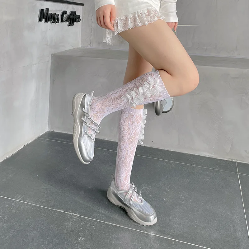 

Sweet and Cute Side Lace Bow Summer Thin Breathable Elastic Socks calf socks mid tube women