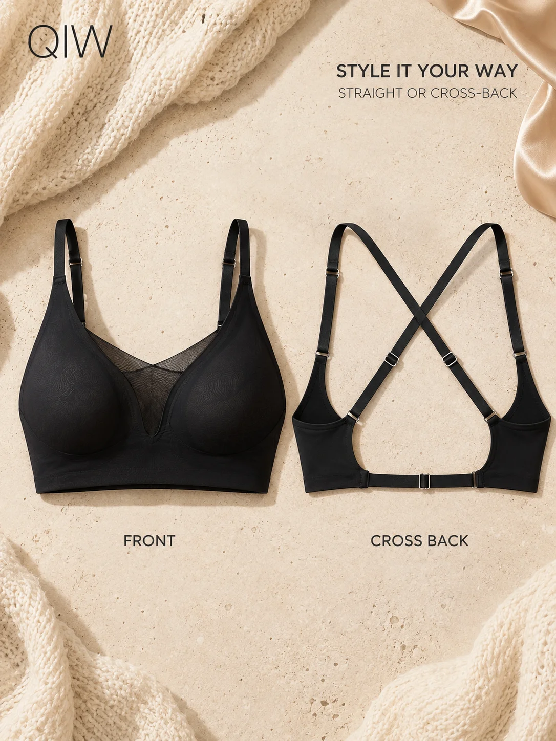 Women's Mesh Splice Bralette, Wirefree Breathable Bra with Removable Pads, Multi-way Adjustable Straps, Daily Dating Party Wear