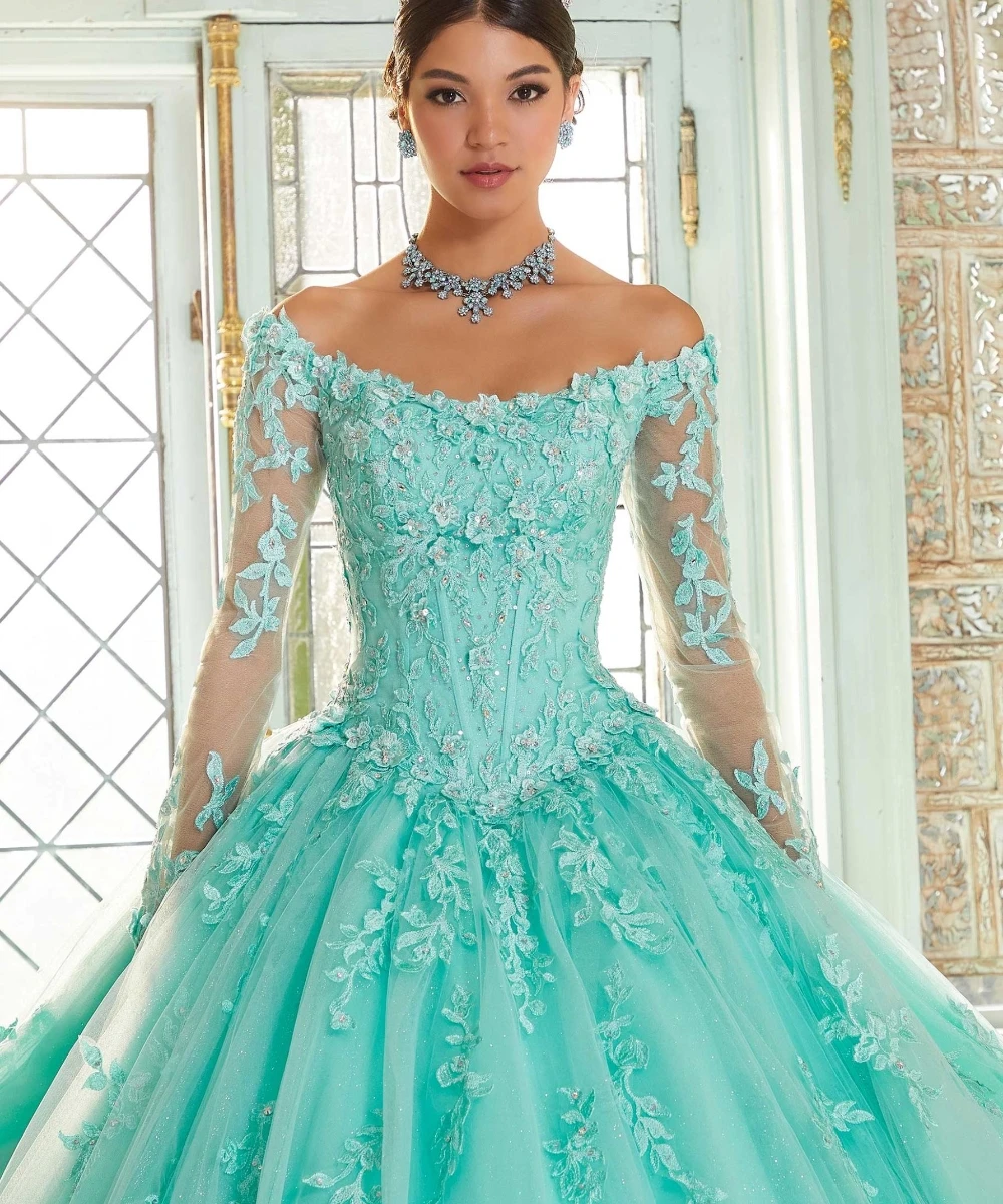 EVLAST-vestido De Quinceañera De manga larga De encaje con purpurina, 2024, apliques florales en 3D, cuentas dulces, 16 Vestidos De 15 Años, TQD147