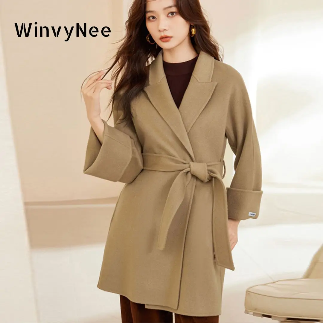 

WinvyNee 2024 Women Merino Wool Coats with Belt Autumn Open Stitch Design Long Coats Elegant Woolen Coat Veste Femme H1343001