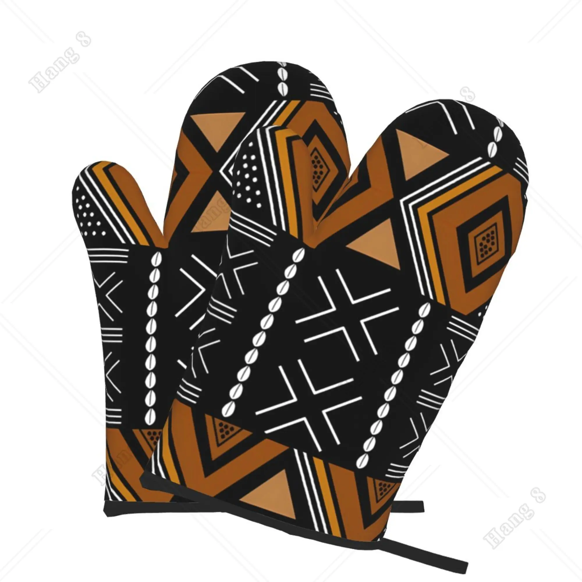 African Pattern Brown Black Oven Mitts Kitchen Gloves 2pc for Women Men Waterproof with Hanging Rope Heat Resistant Cooking BBQ