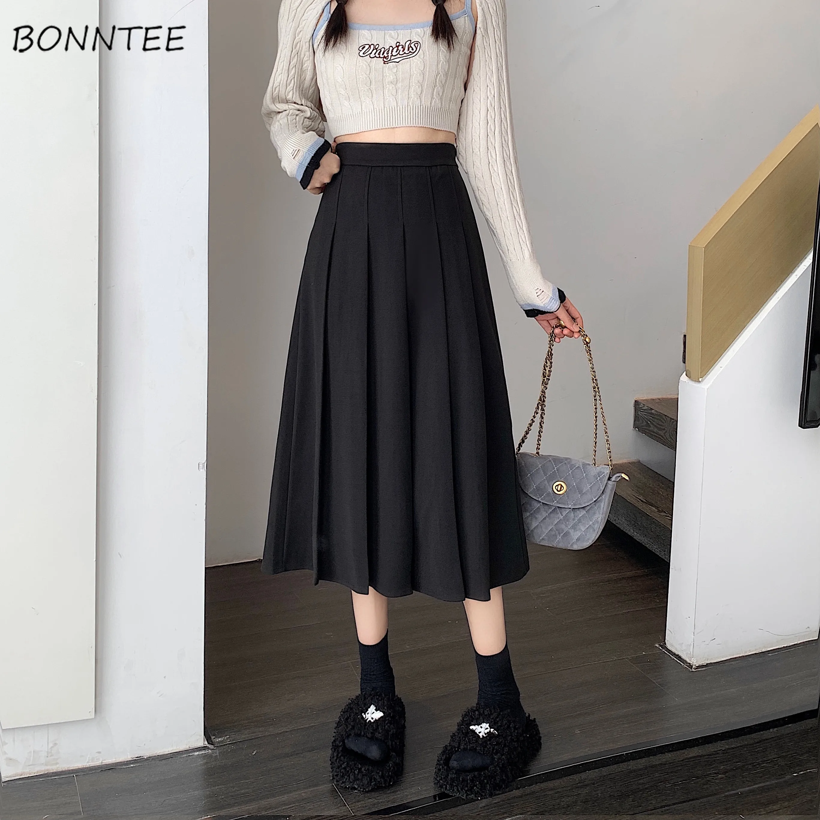 

Woolen High Elastic Waist A-line Midi Skirts Women Faldas Winter Simple Solid Thicker Pleated Soft All-match Tender Streetwear