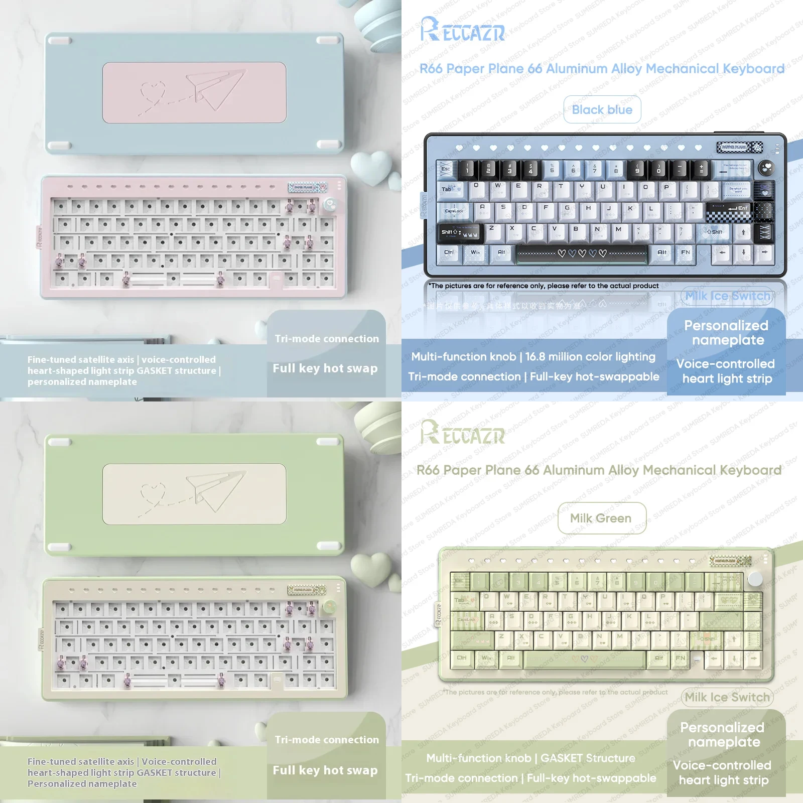 RECCAZR Paper Plane66 R66 Mechanical Keyboard Kit Aluminum RGB Gasket Structure Hot Swap with Control Knob Tri-mode Keyboard