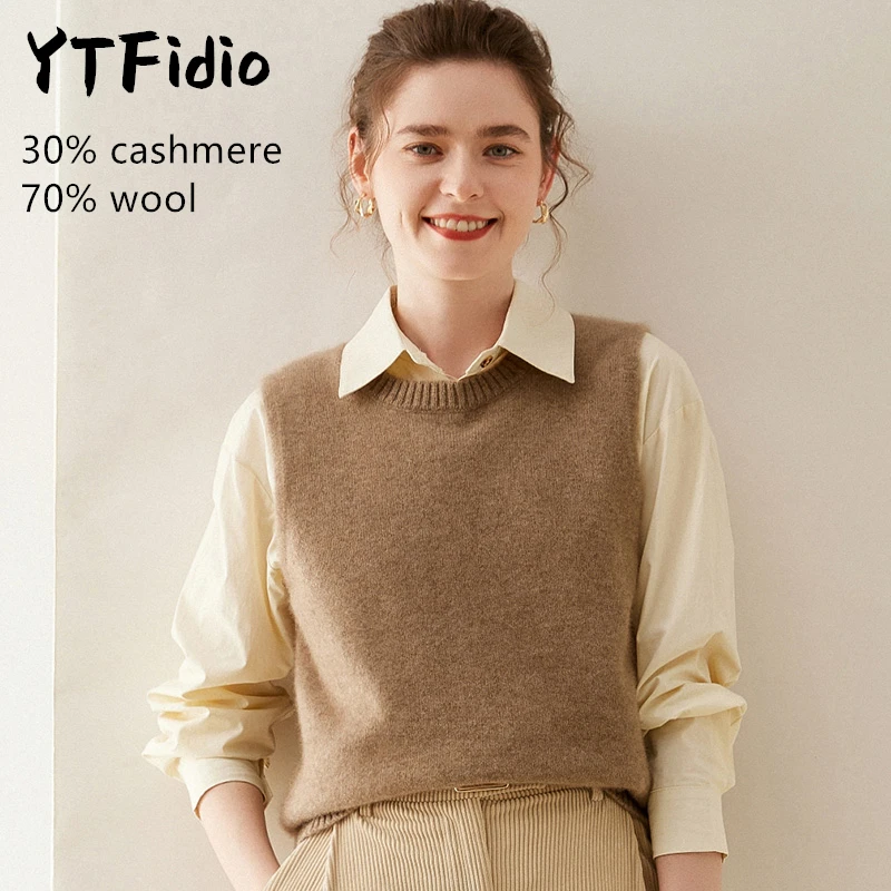 

YTFidio Cashmere Merino Wool Vest Women O-neck Casual Jumpers Warm Outerwears Ladies Tops Basic Solid Knitwear Tops 121