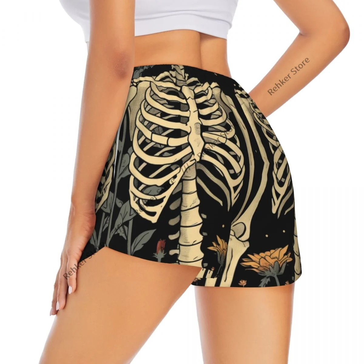 

Женские спортивные шорты со скелетом и подсолнухами для бега, йоги, фитнеса, быстросохнущие тренировки по бадминтону с карманом