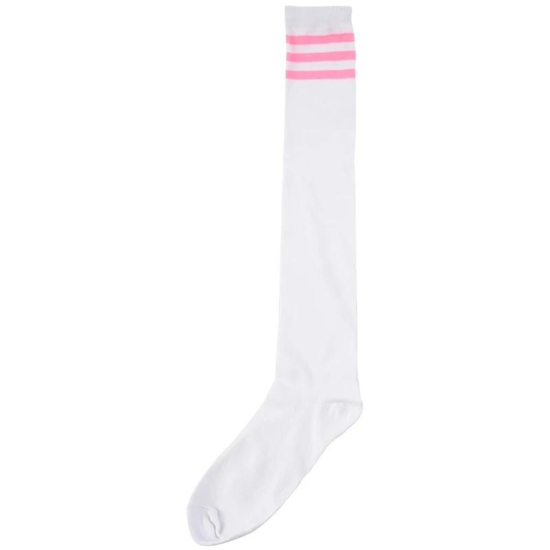 Hot kf-1pair Womens Athlete Thin Stripes Solid Thigh Highs Tights Over Knee Socks White w Pink