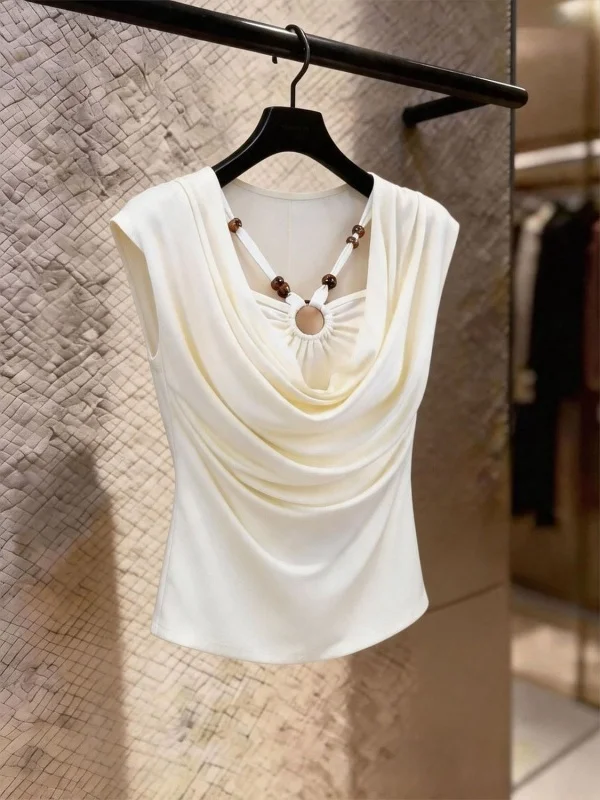 Slimming Effect French Style Sleeveless Women's T-Shirt with Neck Swing Design Casual Fashionable Inner Wear for Summer