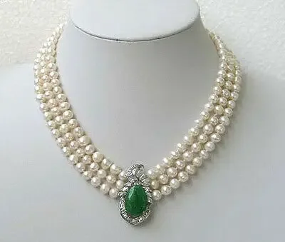 

Genuine 3Rows 6-7mm White Pearl Emerald Green Jade Pendant Necklace 17“-19”