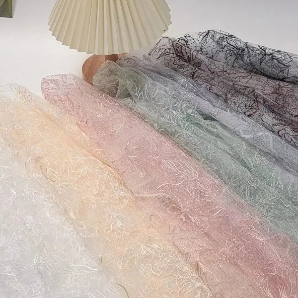 Multicolor Series New Mesh Line Peony Embroidery Eyelash Lace Embroidery Lace Fabric DIY Wedding Dress Fashion Design Fabric